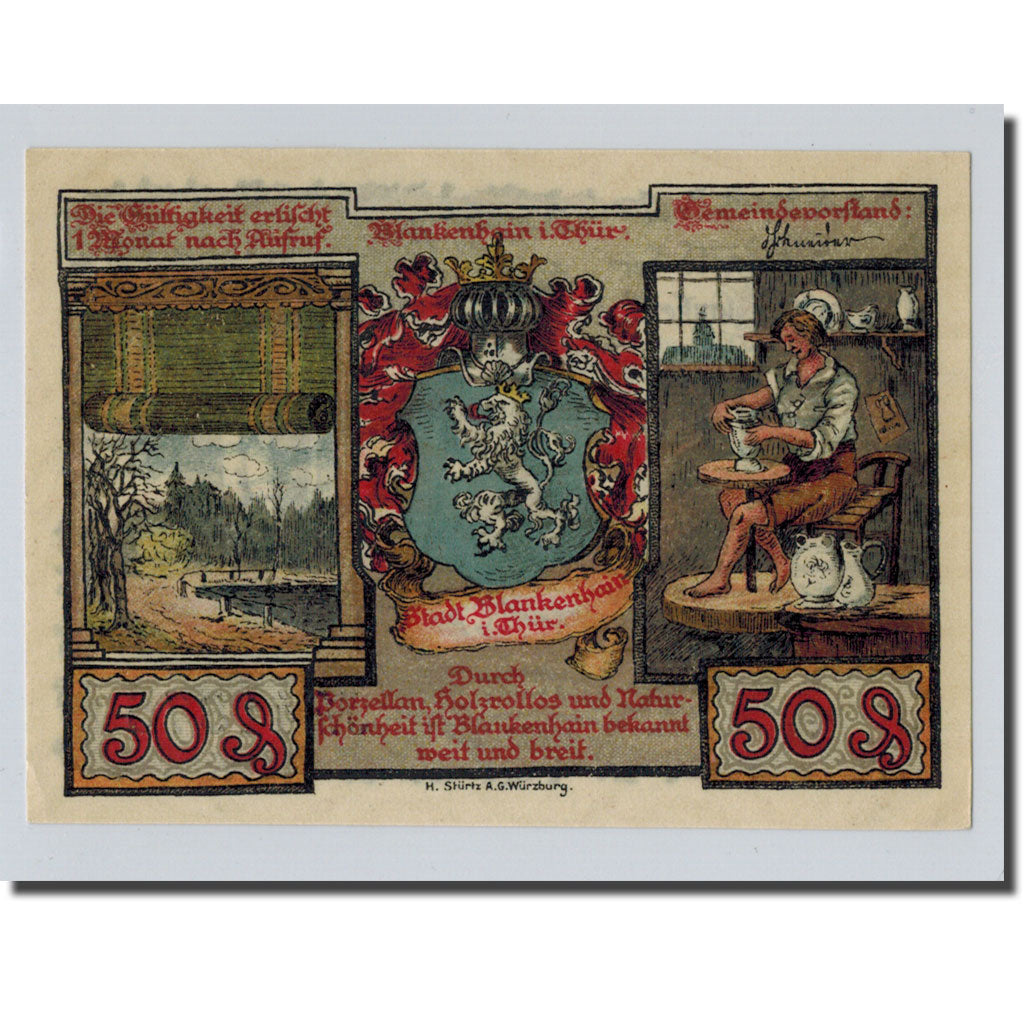 Banknote, Germany, Blankenhain in Thuringen Stadt, 50 Pfennig, paysage, O.D