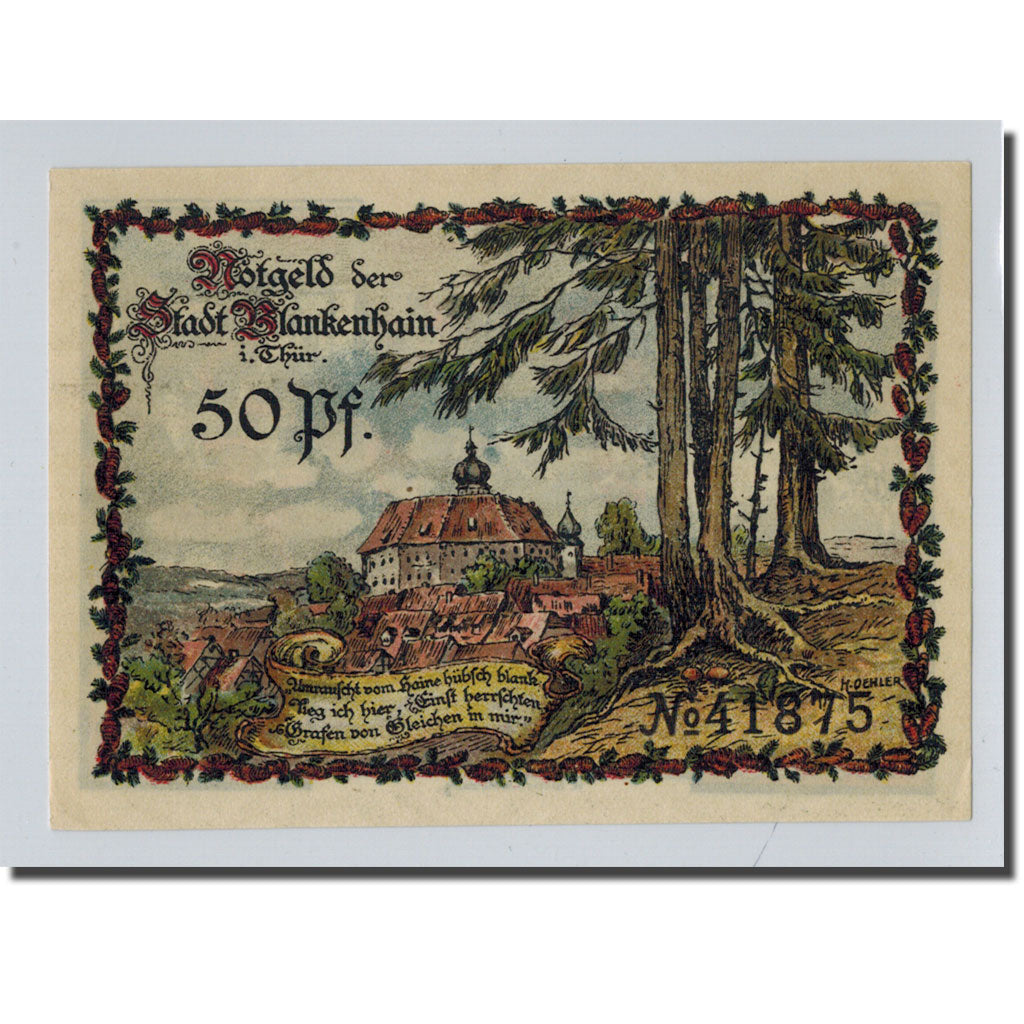 Banknote, Germany, Blankenhain in Thuringen Stadt, 50 Pfennig, paysage, O.D