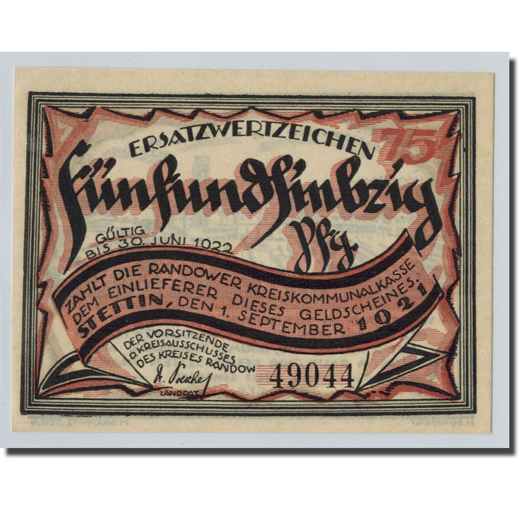 Banconote, Germania, Stettin, 75 Pfennig, paysage, 1921, 1921-09-01, SPL