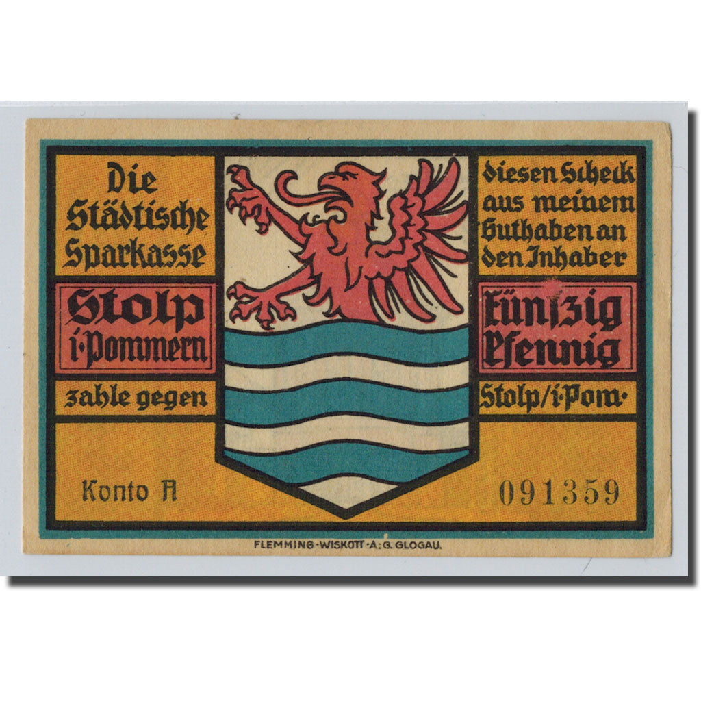 Banconote, Germania, Stolp, 50 Pfennig, Ecusson, O.D, SPL, Mehl:1274.1