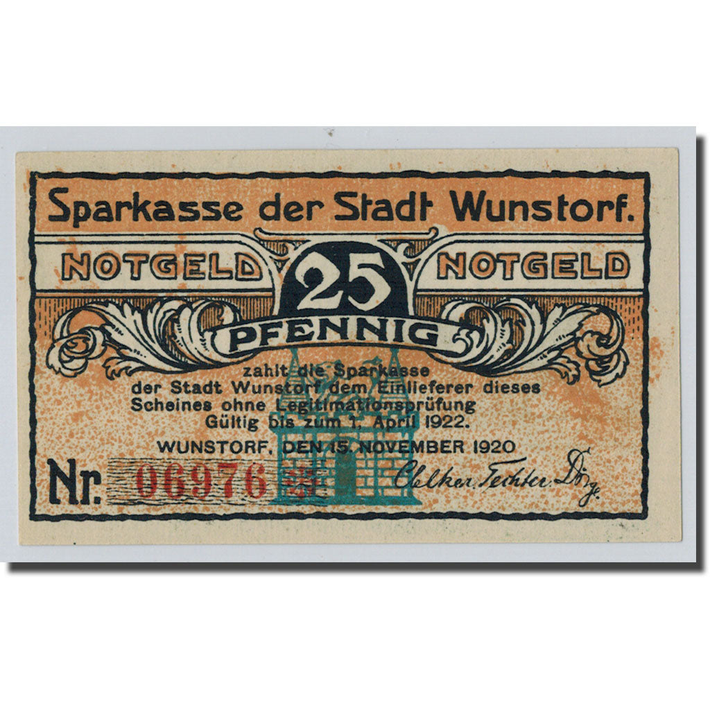 Banconote, Germania, Wunstorf, 25 Pfennig, Eglise, 1920, 1920-11-15, SPL