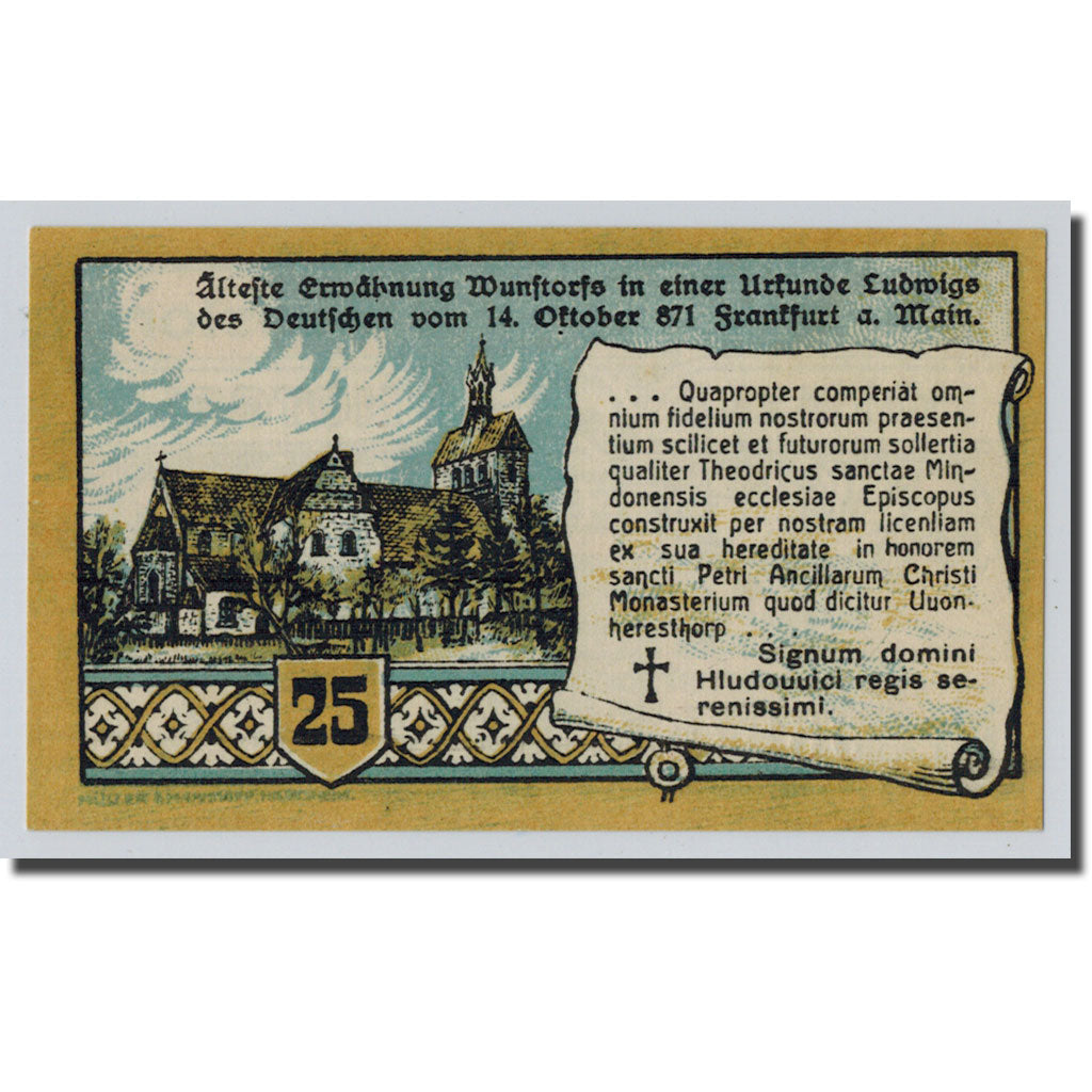 Banconote, Germania, Wunstorf, 25 Pfennig, Eglise, 1920, 1920-11-15, SPL