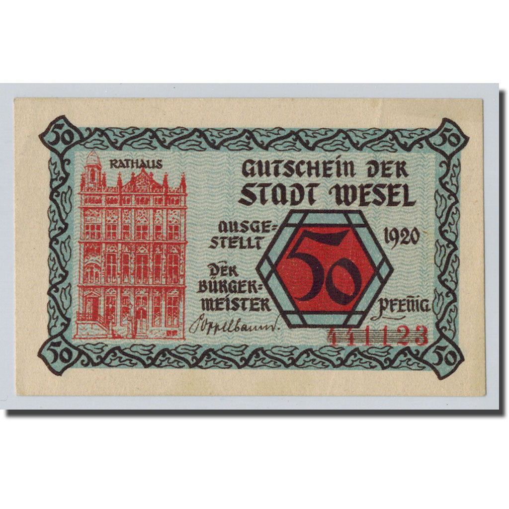 Banknote, Germany, Wesel, 50 Pfennig, Monument, 1923, 1923-09-30, UNC(63)