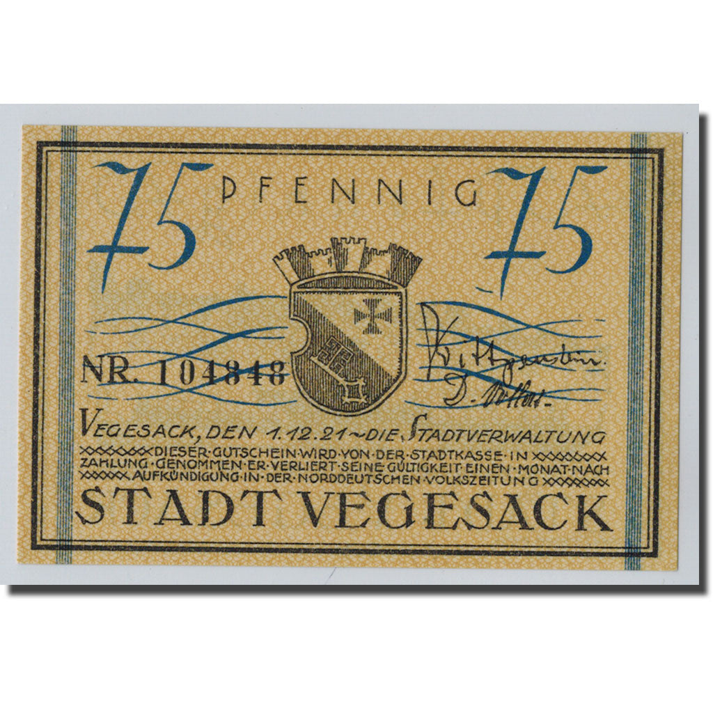Banconote, Germania, Vegesack, 75 Pfennig, bateau, 1921, 1921-12-01, SPL