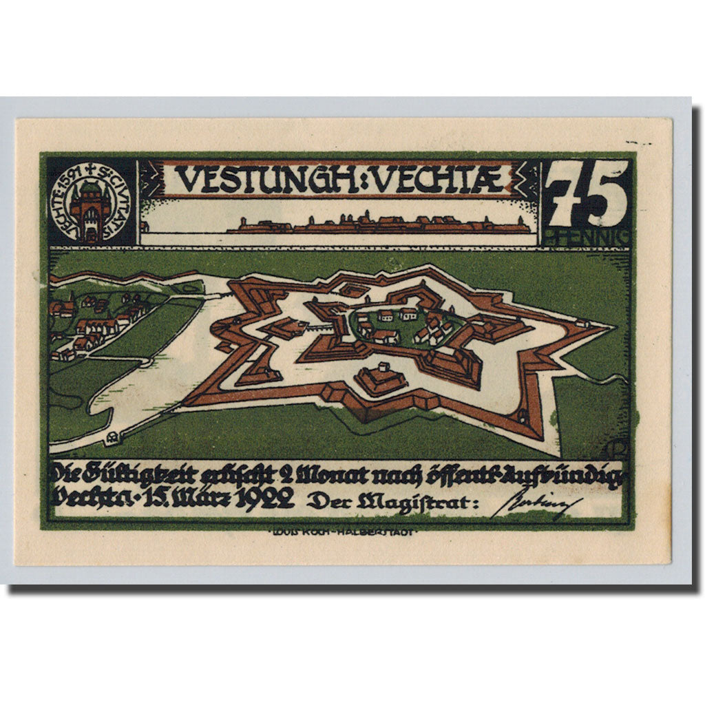 Banconote, Germania, Vechta, 75 Pfennig, paysage, 1922, 1922-03-15, SPL