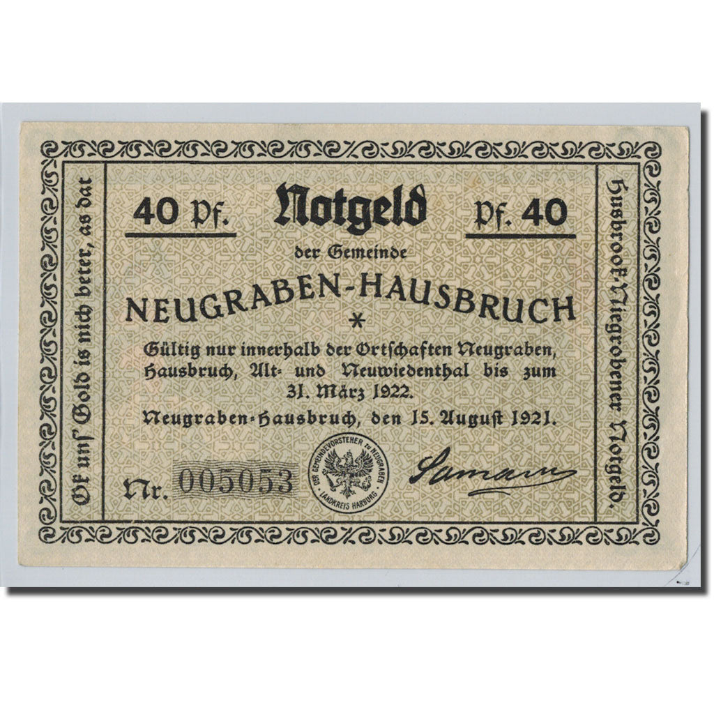 Banconote, Germania, Neugraben Hausbruch, 40 Pfennig, personnage, 1921
