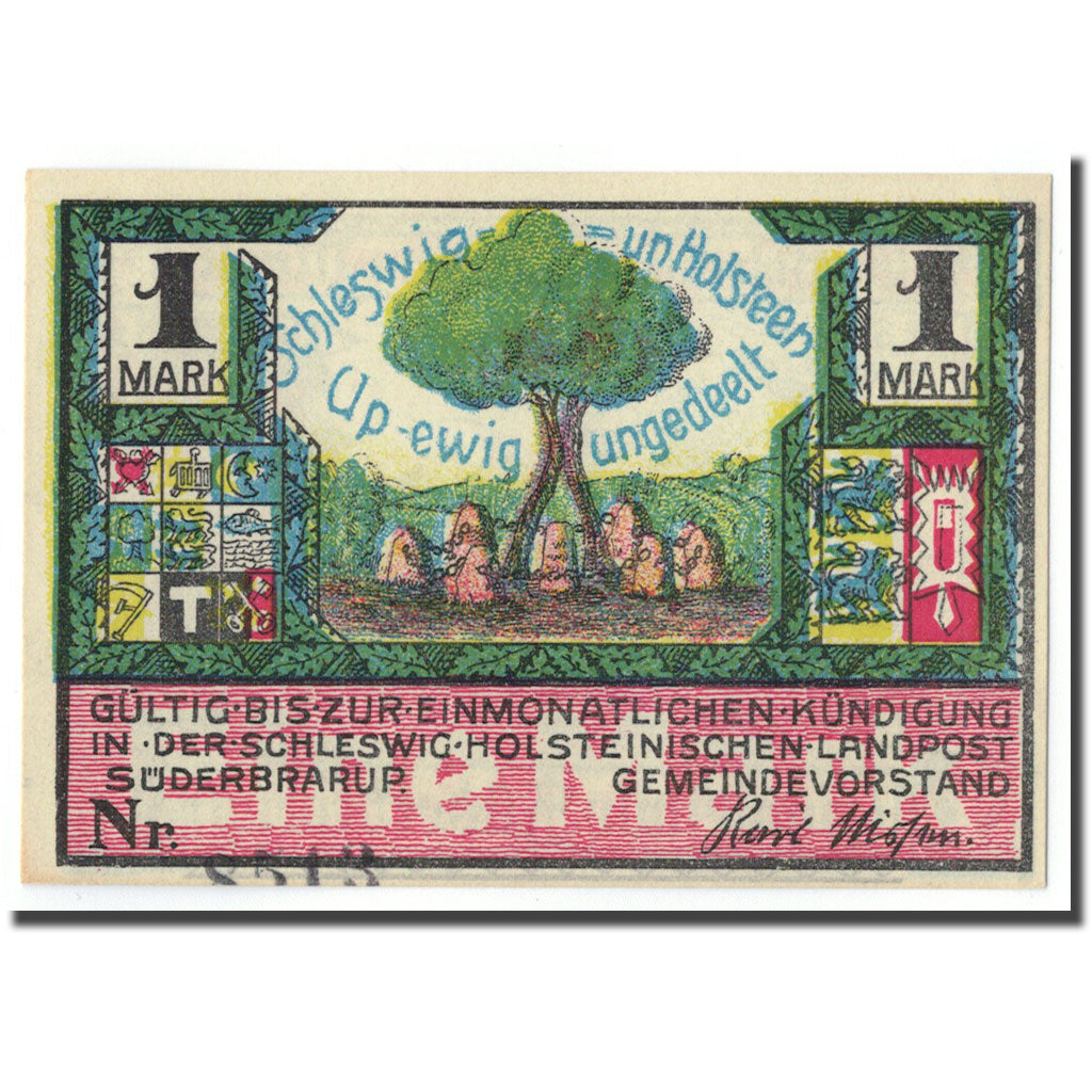 Banconote, Germania, Suderbrarup, 1 Mark, personnage, O.D, SPL, Mehl:1294.4