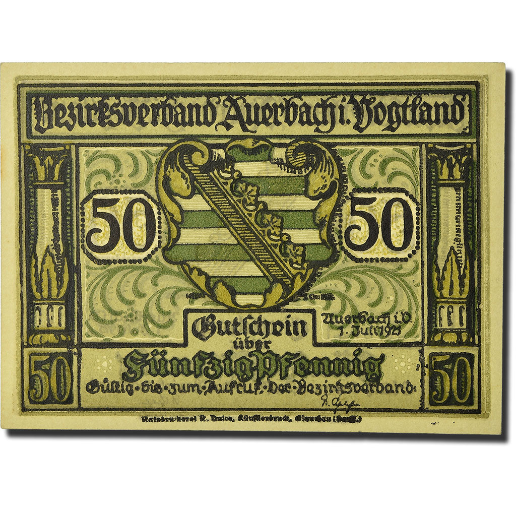 Banconote, Germania, Auerbach, 50 Pfennig, Ecusson, 1921, 1921-07-01, SPL