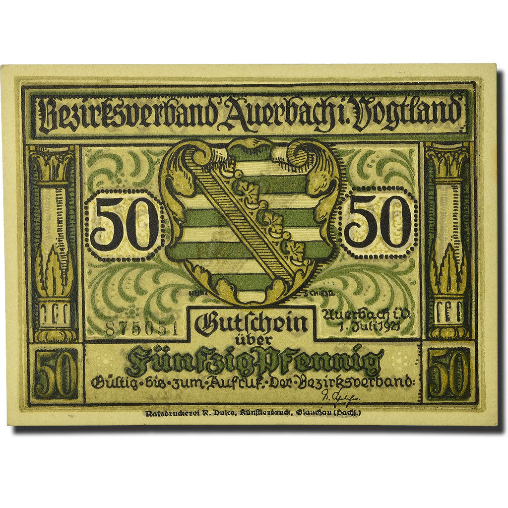 Banconote, Germania, Auerbach, 50 Pfennig, Ecusson, 1921, 1921-07-01, SPL