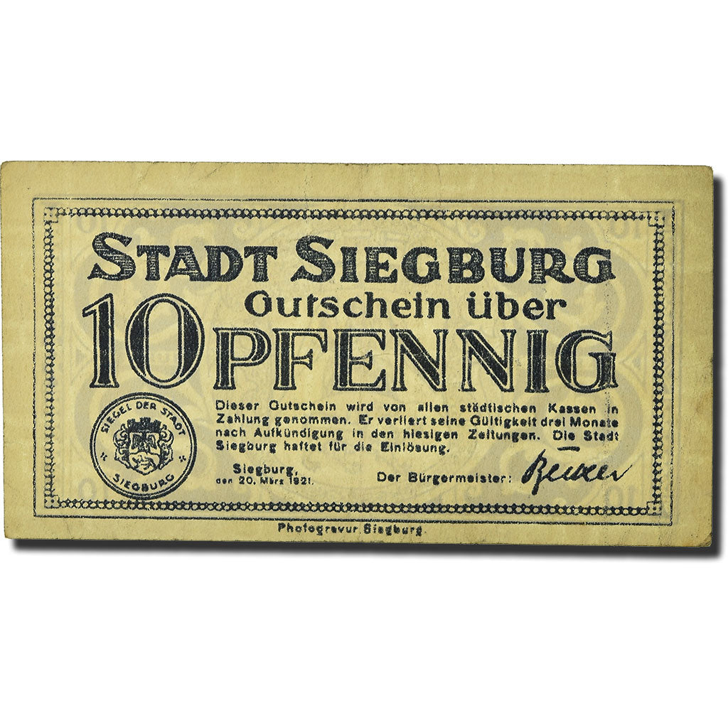 Banconote, Germania, Siegburg, 10 Pfennig, Ecusson, 1921, 1921-03-20, SPL