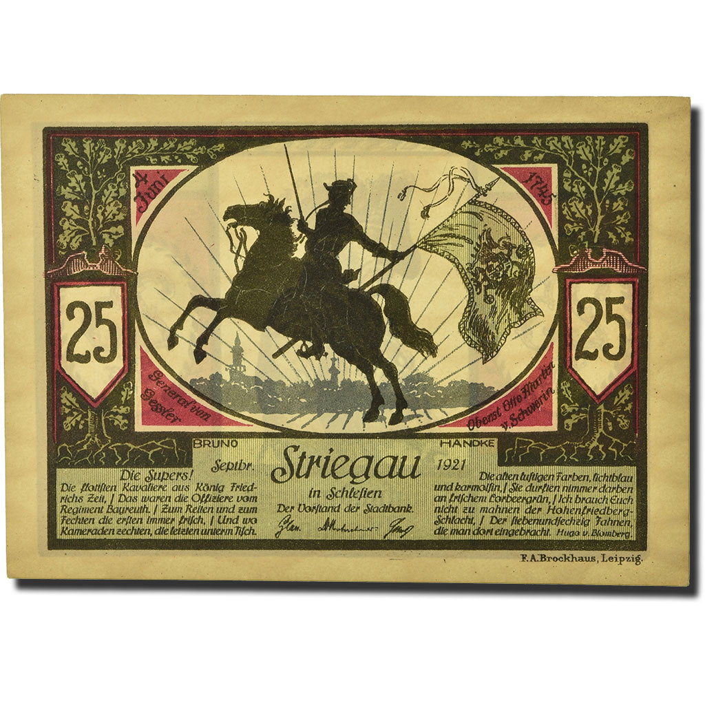 Banconote, Germania, Striegau, 25 Pfennig, cavalier, 1921, SPL, Mehl:1284.1