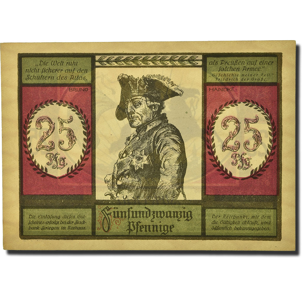 Banconote, Germania, Striegau, 25 Pfennig, cavalier, 1921, SPL, Mehl:1284.1