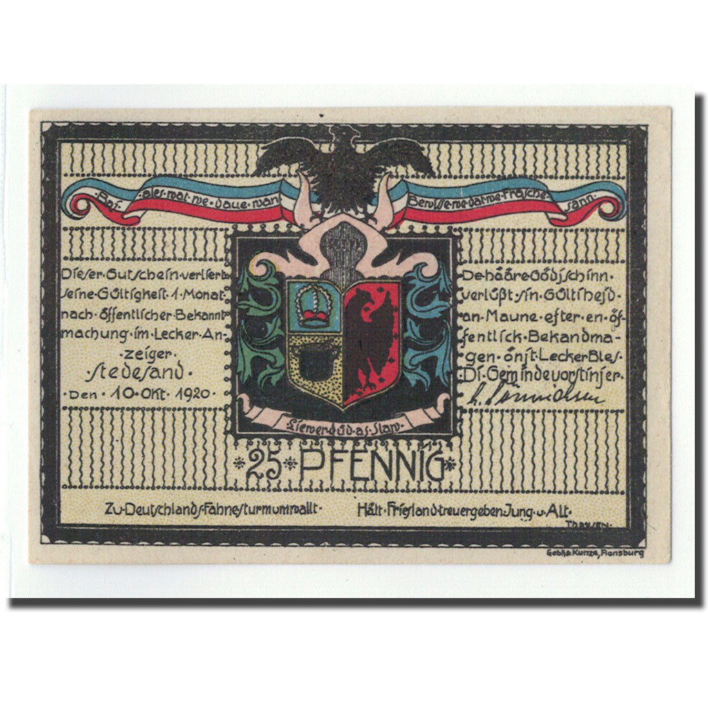 Banconote, Germania, Stedesand Gemeinde, 25 Pfennig, Ecusson, 1920, 1920-10-10