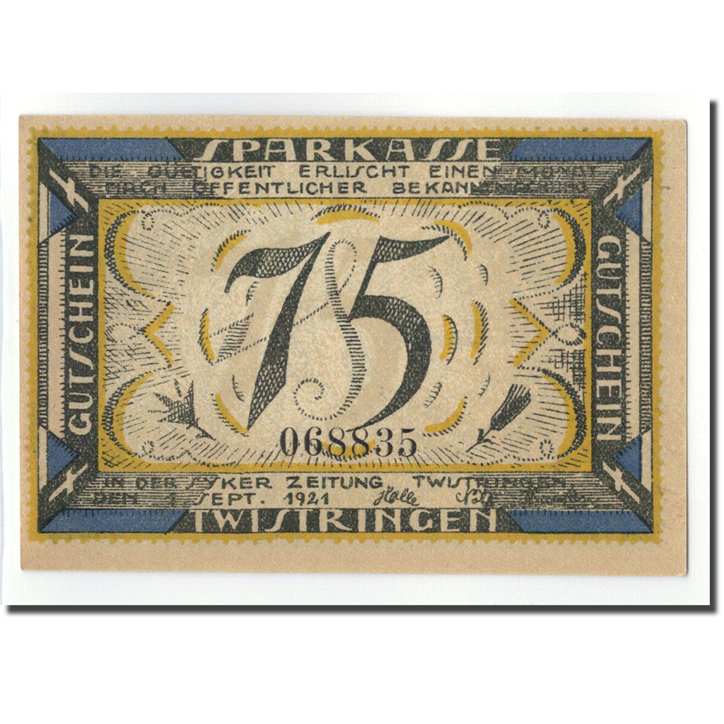 Banconote, Germania, Twistringen, 75 Pfennig, personnage, 1921, 1921-09-01, SPL