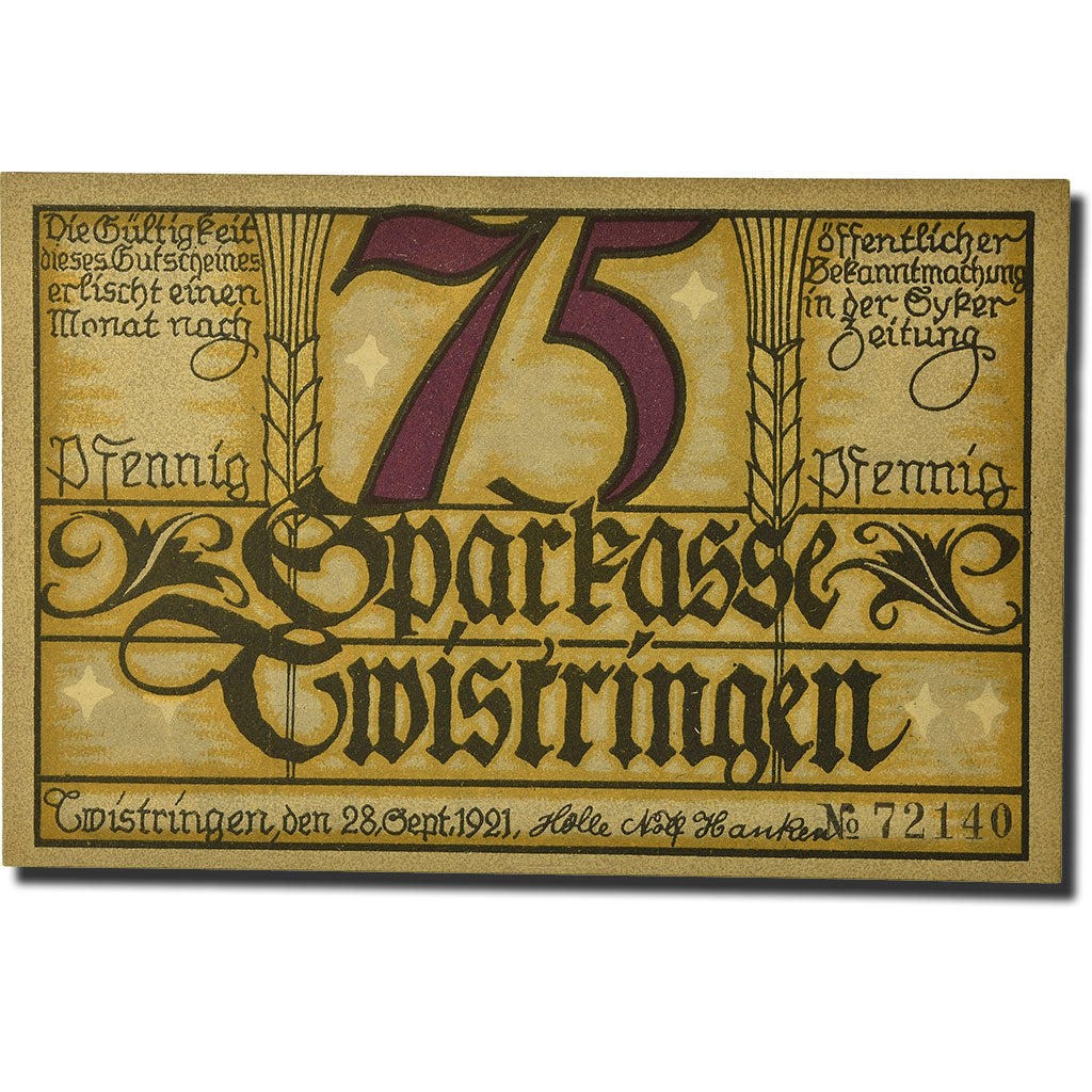Banknot, Niemcy, Twistringen, 75 Pfennig, personnage, 1921, 1921-09-28, UNC(63)
