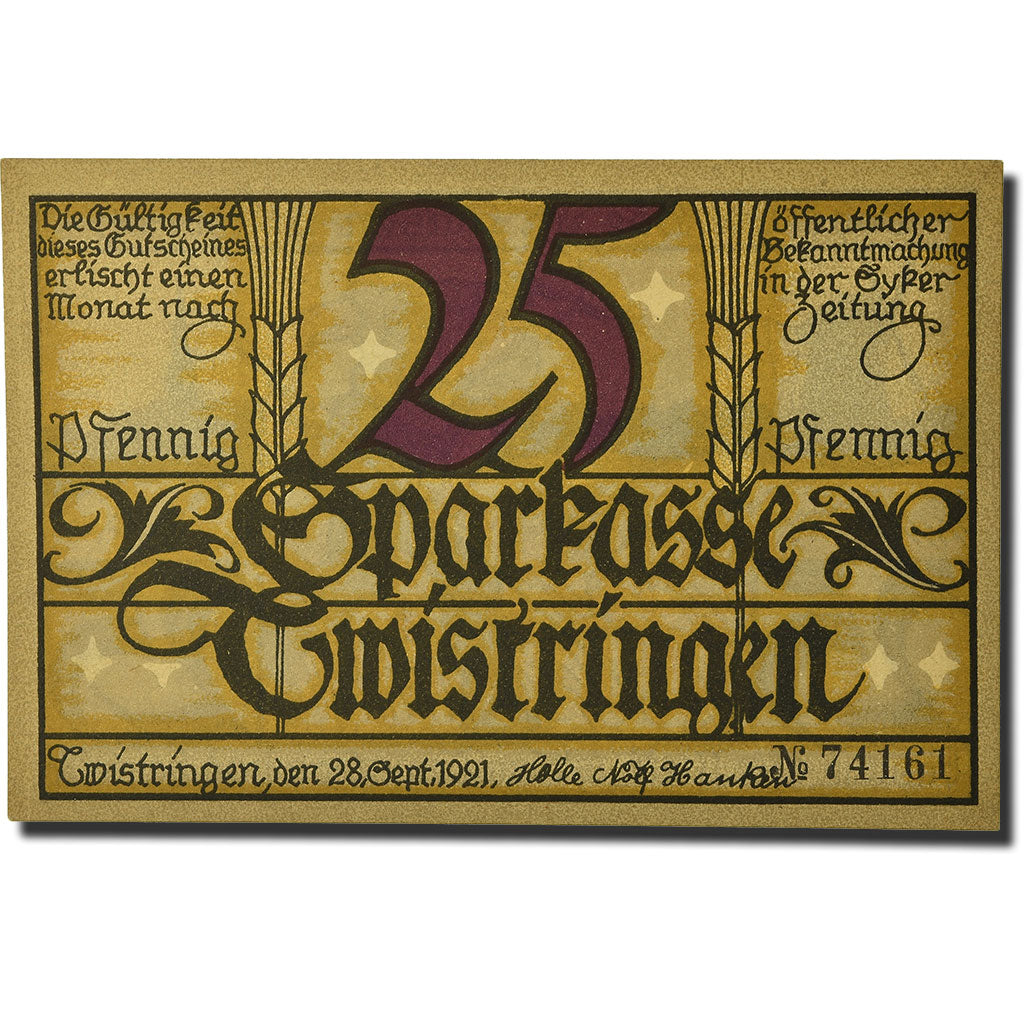 Banknote, Germany, Twistringen, 25 Pfennig, personnage, 1921, 1921-09-28