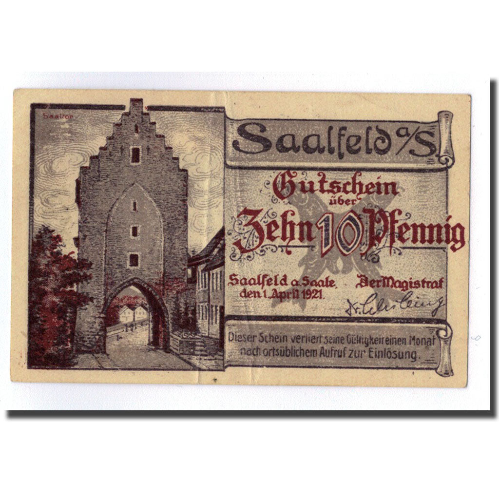 Banknote, Germany, Saalfeld, 10 Pfennig, pont, 1921, 1921-04-01, UNC(63)