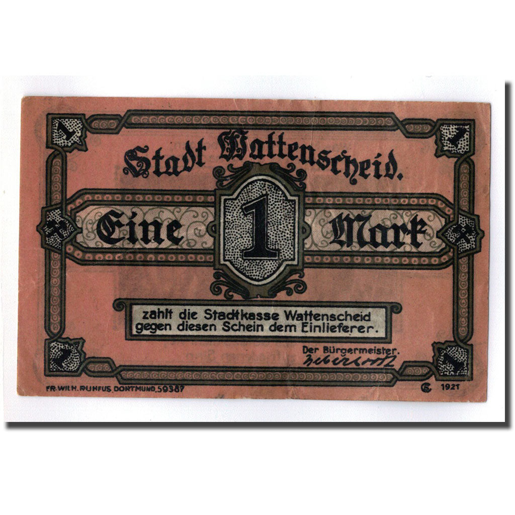 Banconote, Germania, Wattenscheid, 1 Mark, personnage, 1921, SPL, Mehl:1385