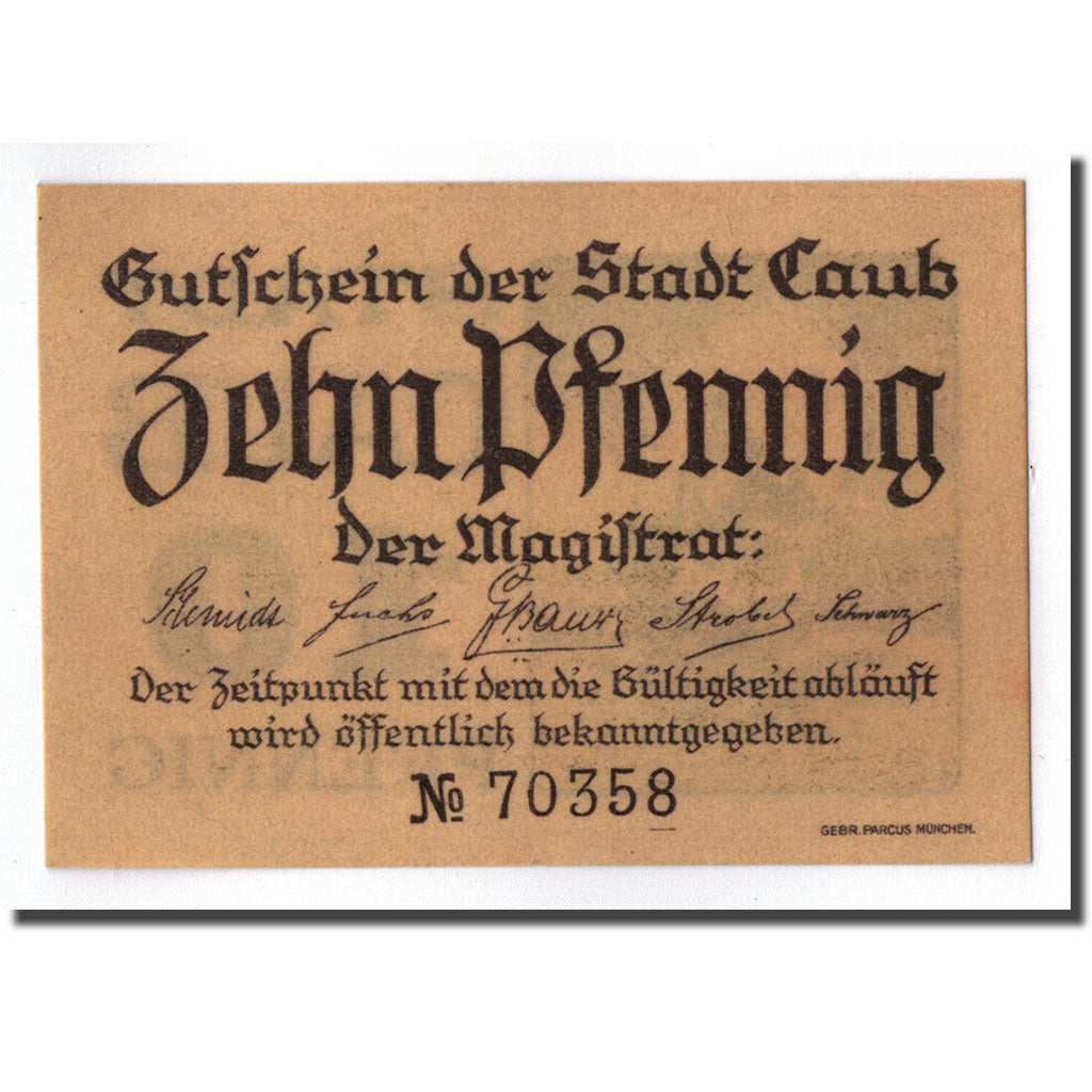 Banconote, Germania, Caub, 10 Pfennig, paysage, O.D, SPL