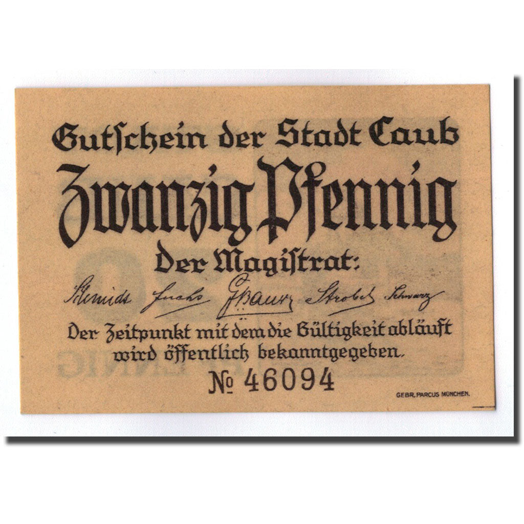 Billet, Allemagne, Caub, 20 Pfennig, paysage, O.D, SPL