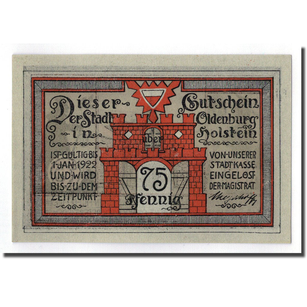 Billet, Allemagne, Oldenburg i. Holstein Stadt, 75 Pfennig, paysage, O.D, SPL