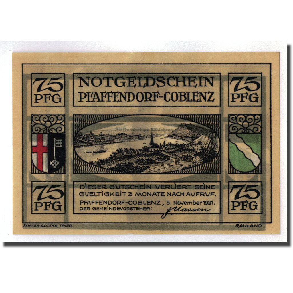 Banconote, Germania, Pfaffendorf-coblenz, 75 Pfennig, carte, 1921, 1921-11-05