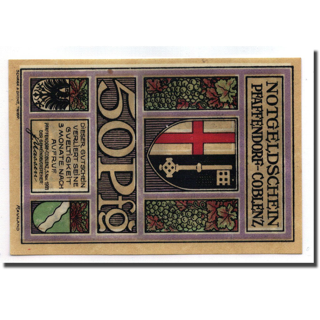 Banknote, Germany, Pfaffendorf-coblenz, 50 Pfennig, Ecusson, 1921, 1921-11-05