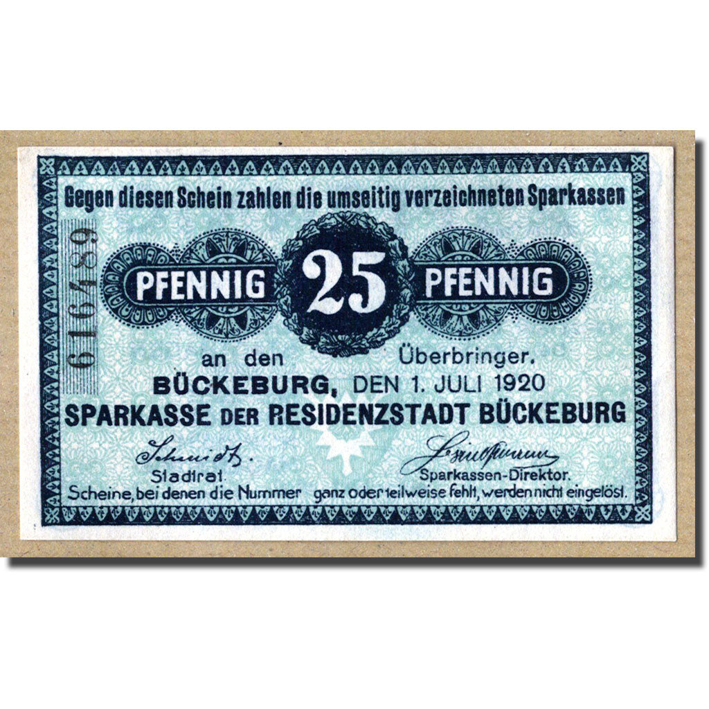 Banconote, Germania, Buckeburg Sparkasse, 25 Pfennig, graphique, 1921