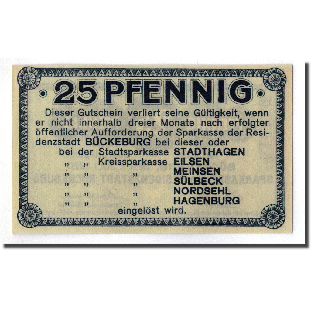 Banconote, Germania, Buckeburg Sparkasse, 25 Pfennig, graphique, 1921
