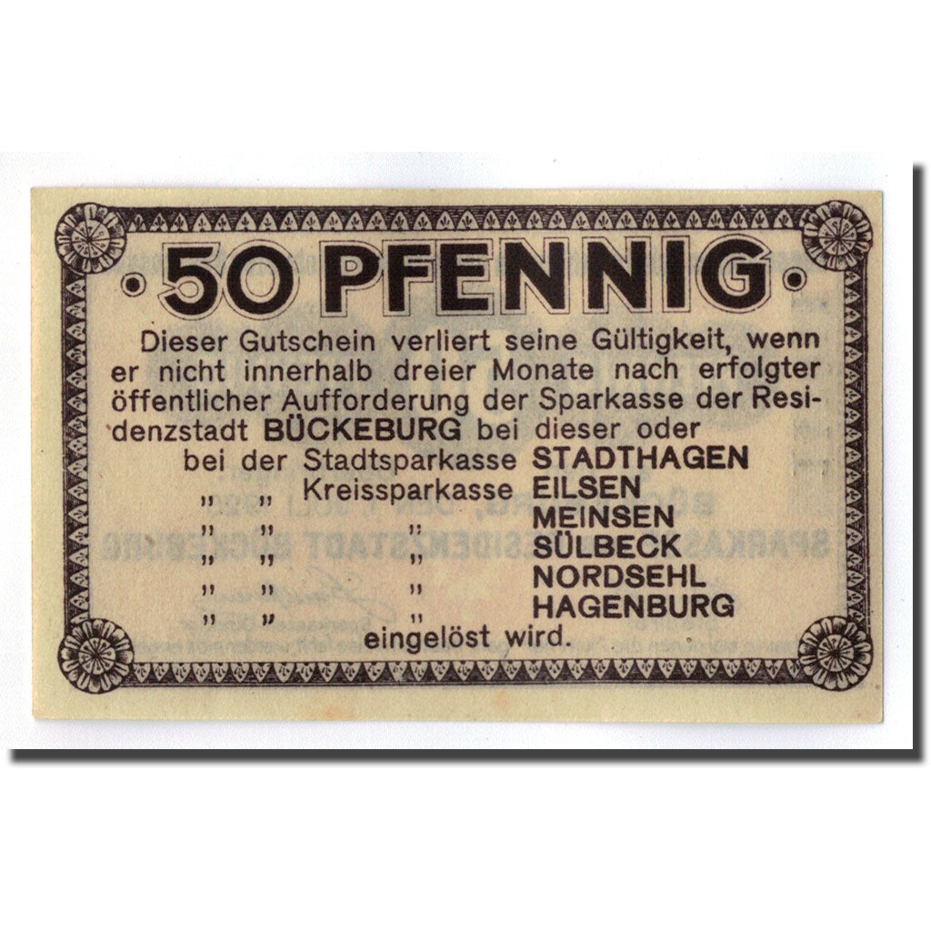 Banconote, Germania, Buckeburg Sparkasse, 50 Pfennig, graphique, 1921