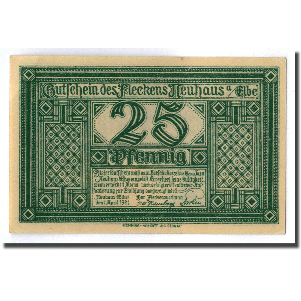 Banconote, Germania, Neuhaus a.d Elbe, 25 Pfennig, paysage, 1921, 1921-04-01