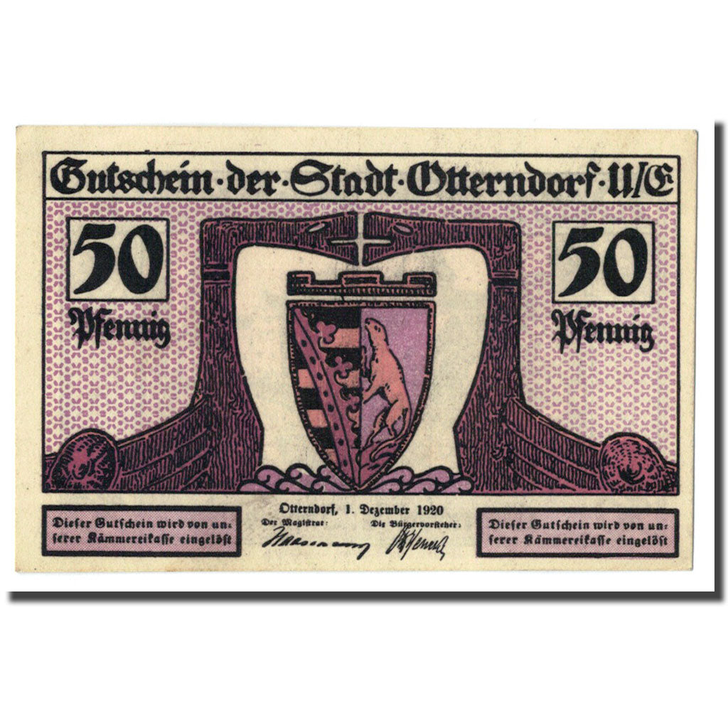 Banconote, Germania, Otterndorf a. Elbe Stadt, 50 Pfennig, Ecusson, 1920