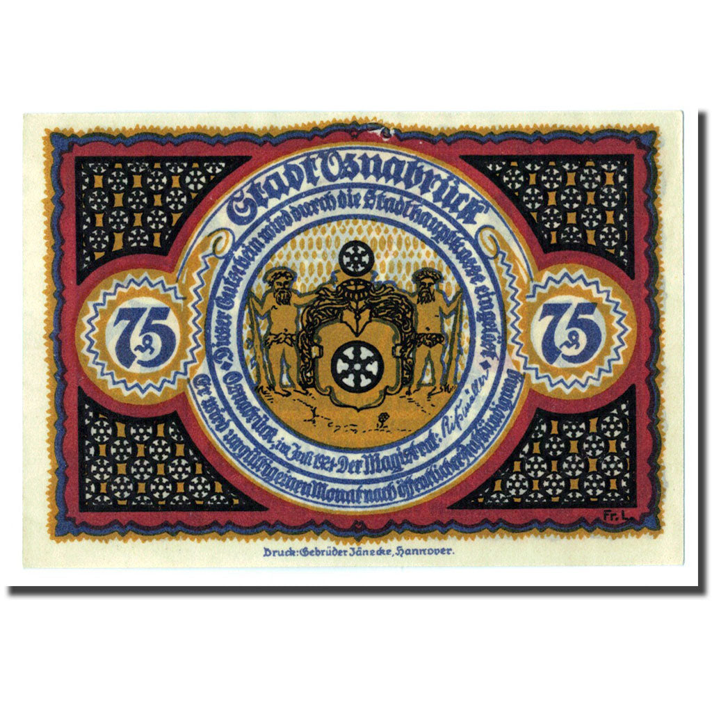 Banconote, Germania, Osnabruck, 75 Pfennig, personnage, 1921, SPL, Mehl:1032.1