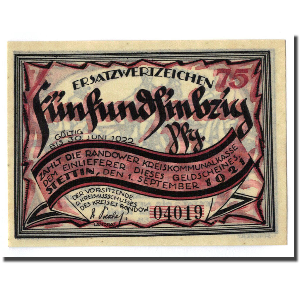 Banconote, Germania, Stettin, 75 Pfennig, personnage, 1921, 1921-09-01, SPL