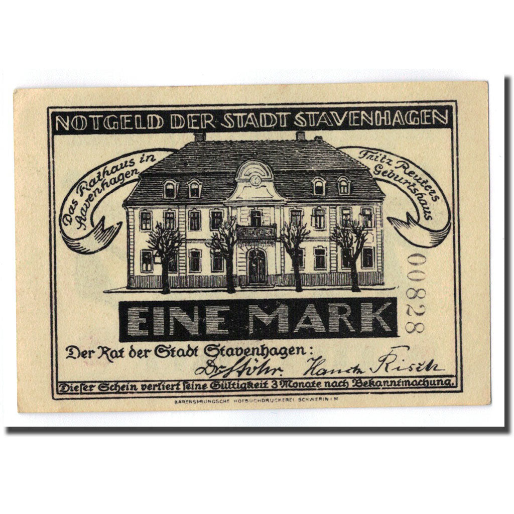 Banconote, Germania, Stavenhagen, 1 Mark, personnage, O.D, SPL, Mehl:1257.1