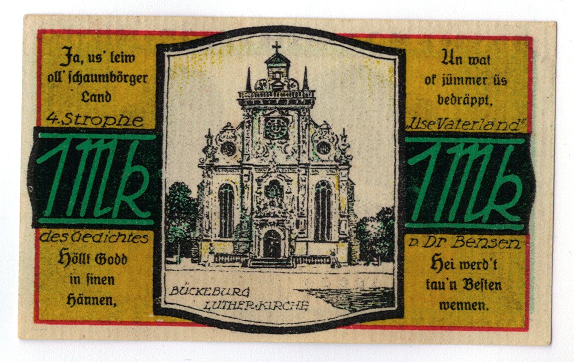 Banconote, Germania, Buckeburg, 1 Mark, cathédrale, 1921, 1921-10-01, SPL