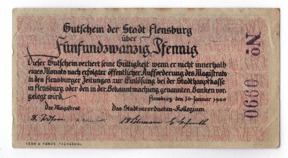 Banconote, Germania, Flensburg, 25 Pfennig, personnage, 1920, 1920-01-16, SPL