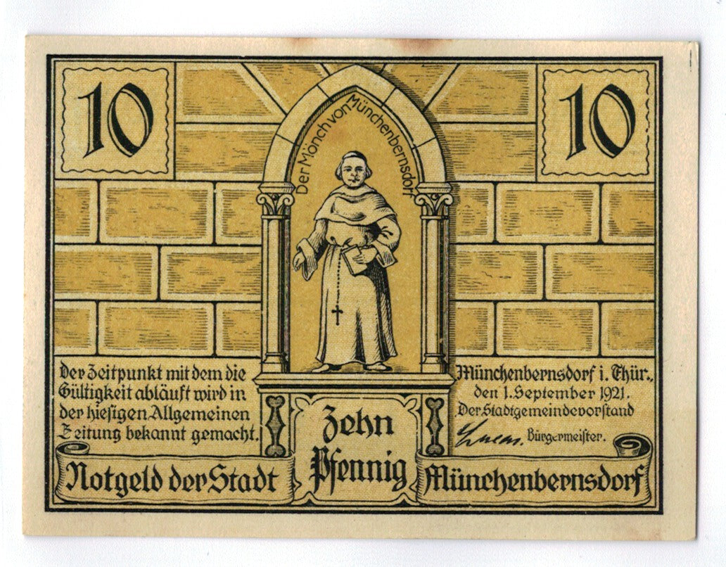 Banconote, Germania, Münnerstadt, 10 Pfennig, personnage, 1921, 1921-09-01