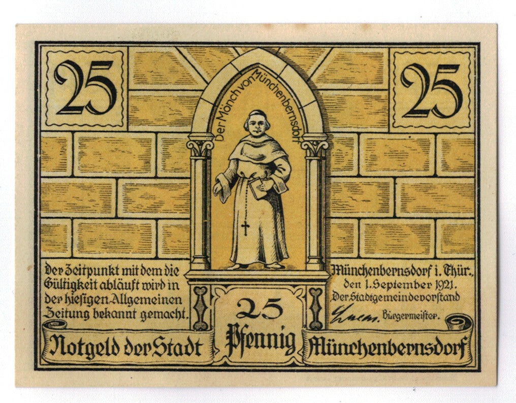 Banconote, Germania, Münnerstadt, 25 Pfennig, personnage, 1921, 1921-09-01