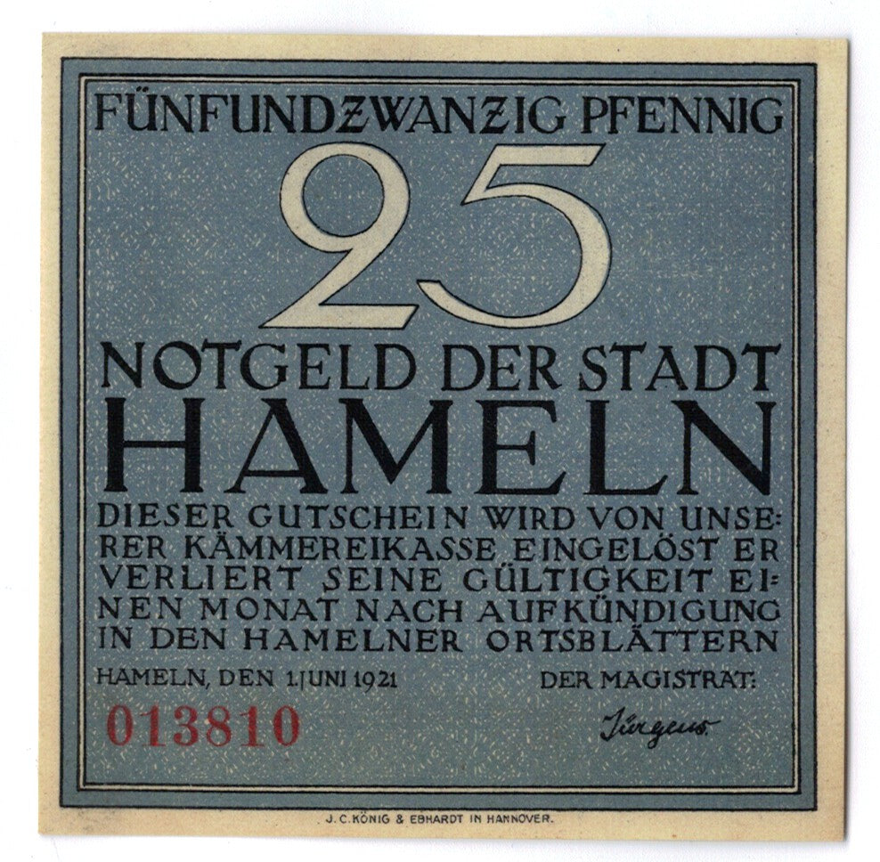 Billete, Alemania, Hameln, 25 Pfennig, personnage, 1921, 1921-06-01, SC