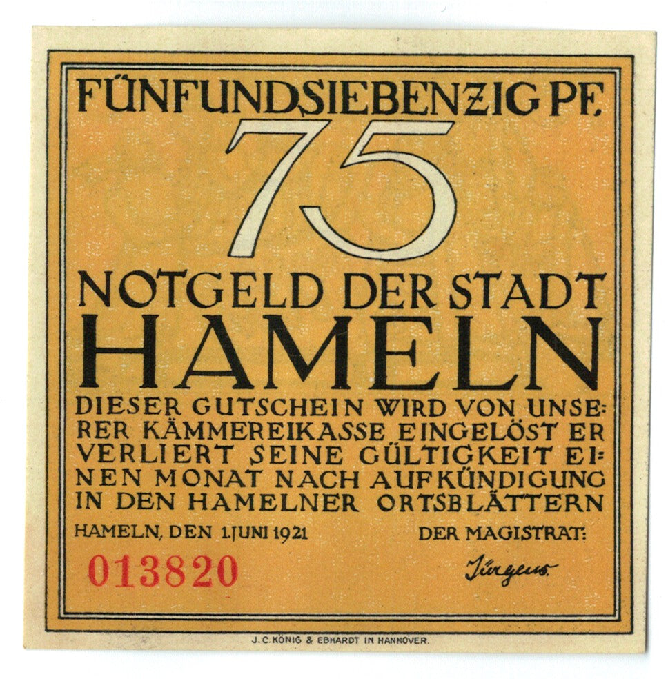 Banconote, Germania, Hameln, 75 Pfennig, personnage, 1921, 1921-06-01, SPL