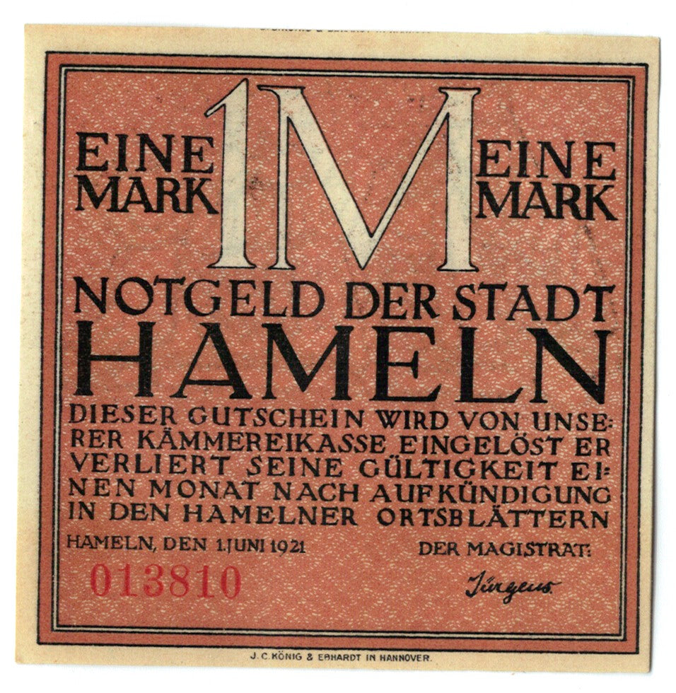 Billet, Allemagne, Hameln, 1 Mark, personnage, 1921, 1921-06-01, SPL