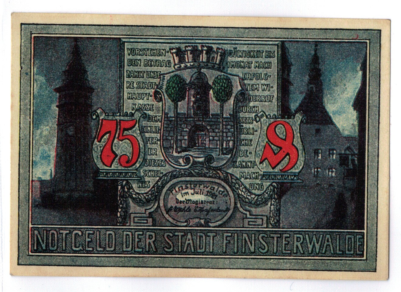 Banconote, Germania, Finsterwalde, 75 Pfennig, personnage, 1921, SPL