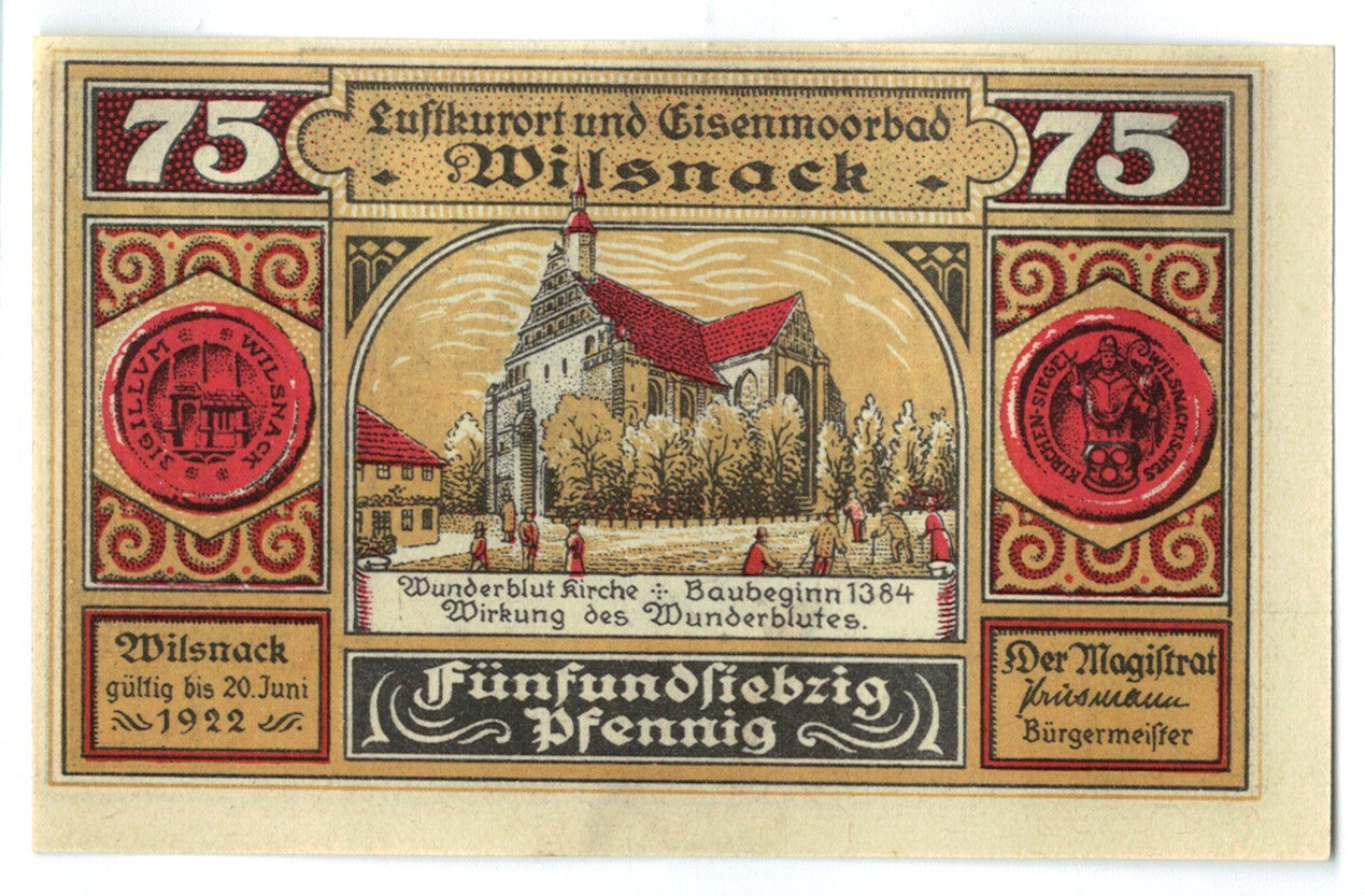 Banknote, Germany, Wilsnack, 75 Pfennig, personnage, 1922, 1920-06-20, UNC(63)