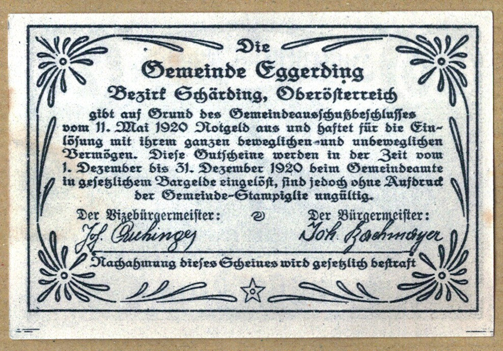 Geldschein, Österreich, Eggerding, 20 Heller, paysage, 1920, 1920-05-11, UNZ-