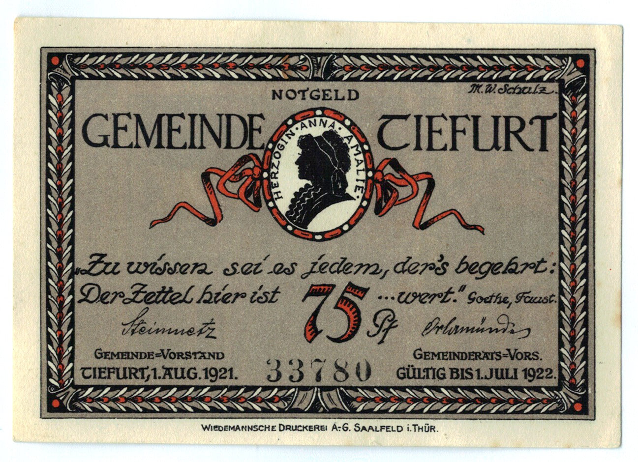 Biljet, Duitsland, Tiefurt, 75 Pfennig, Monument, 1921, 1921-08-01, SPL