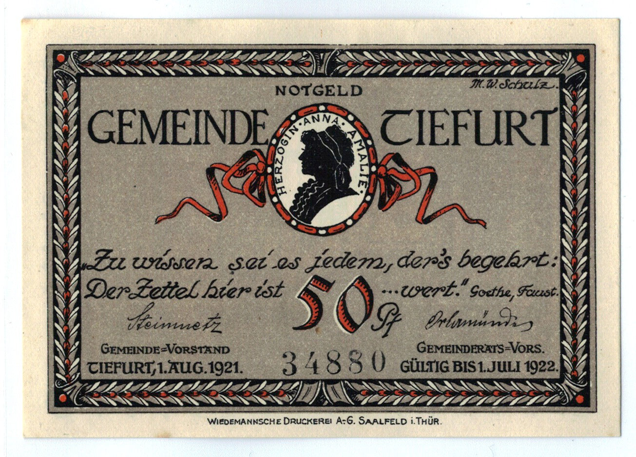 Biljet, Duitsland, Tiefurt, 50 Pfennig, Monument, 1921, 1921-08-01, SPL