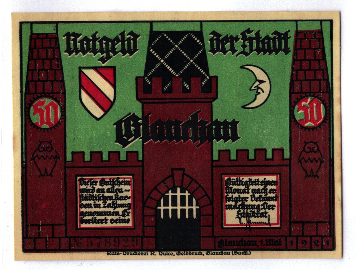Banknot, Niemcy, Glauchau Stadt, 50 Pfennig, personnage 4, 1921, 1921-05-01