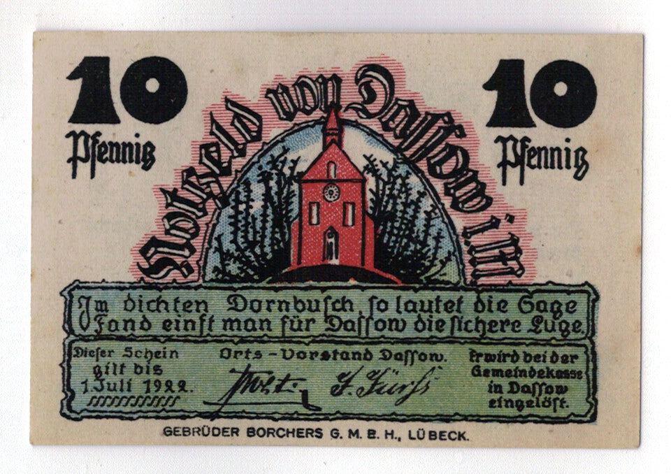 Billete, Alemania, Dassow, 10 Pfennig, personnage, O.D, SC, Mehl:260.1