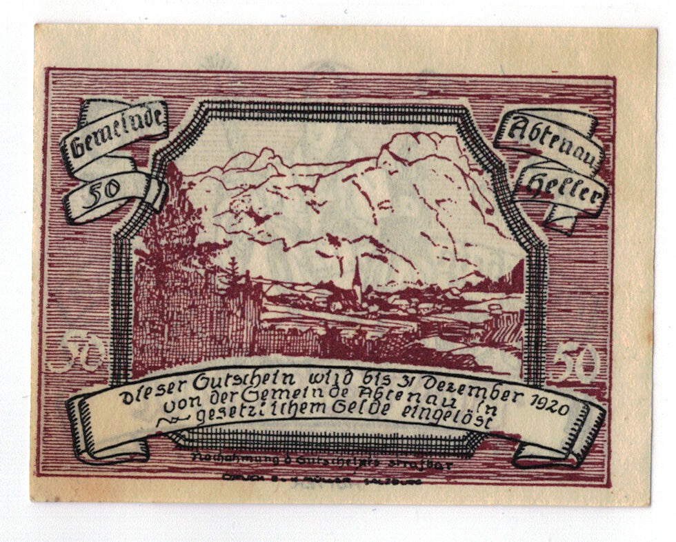 Geldschein, Österreich, Abtenau, 50 Heller, personnage, 1920, UNZ-